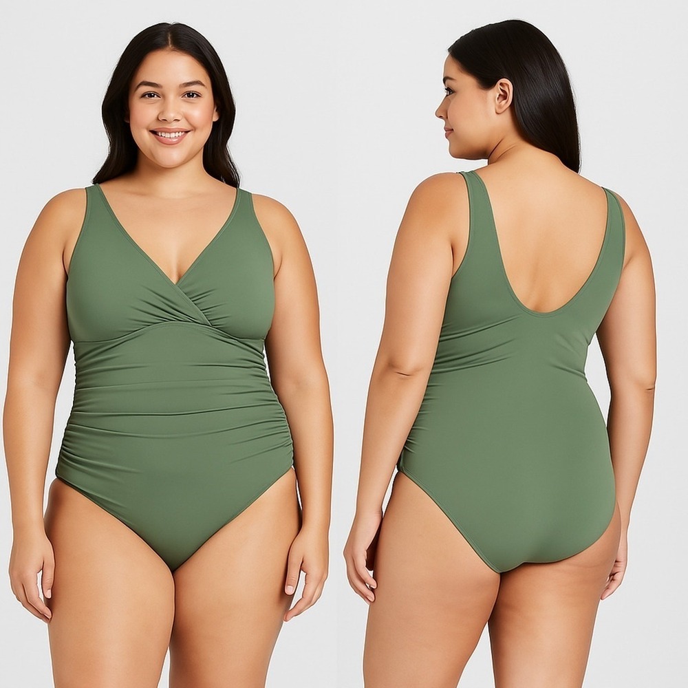 Kona Sol Swimsuit Womens 16 Onepiece Olive Green‎ Ruched Sides V neck Low Back